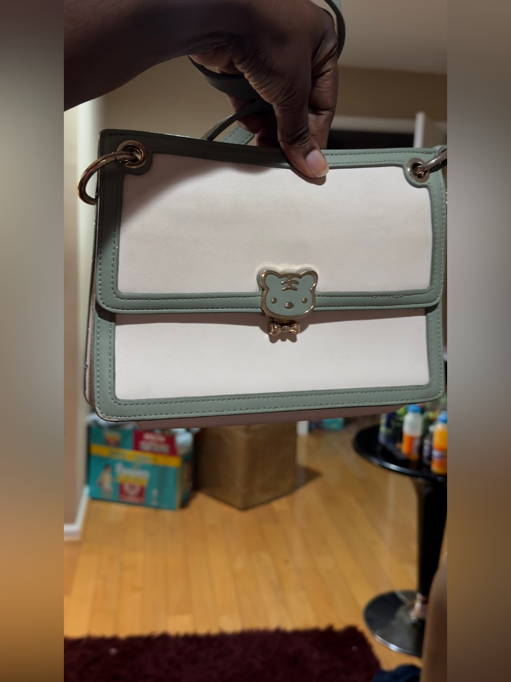 Cream and Sage Green Top-Handle Satchel with Bear Clasp